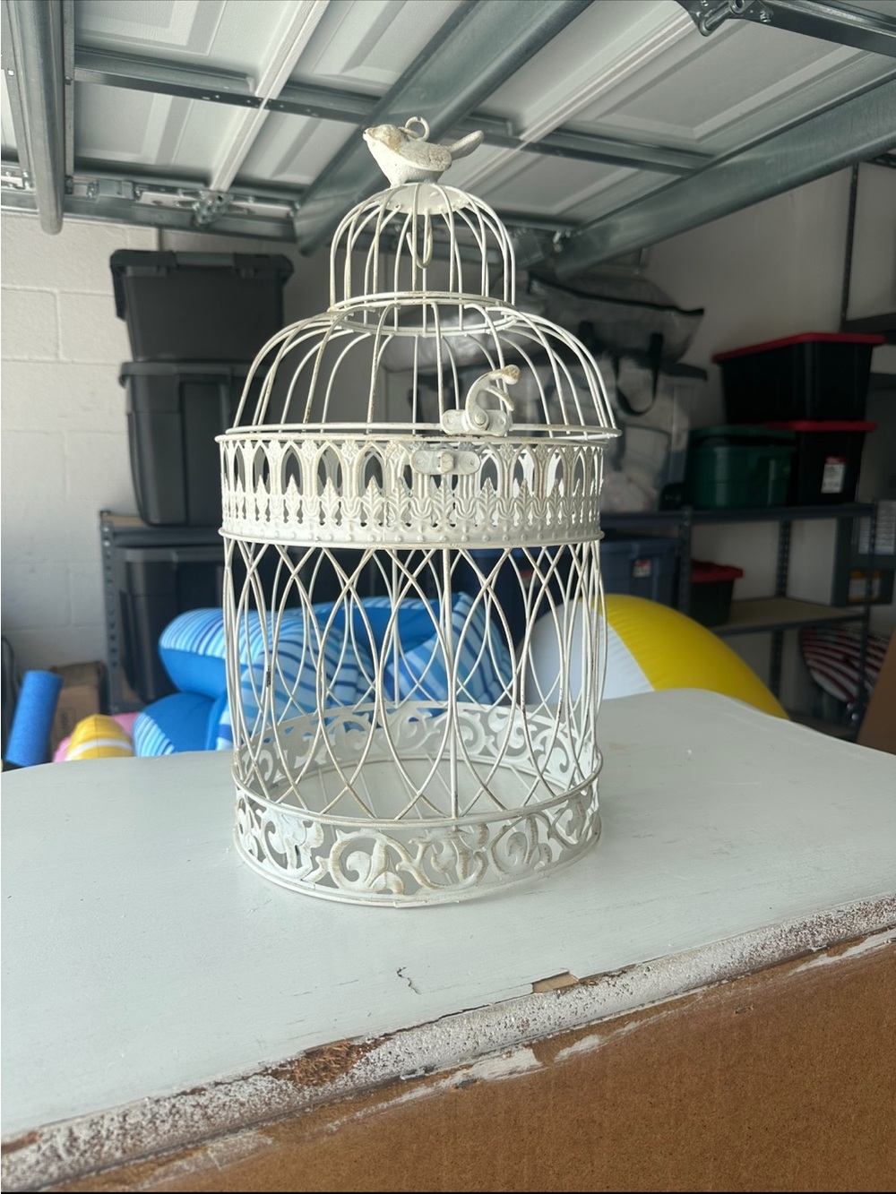 Decorative White Metal Birdcage with Ornate Scrollwork